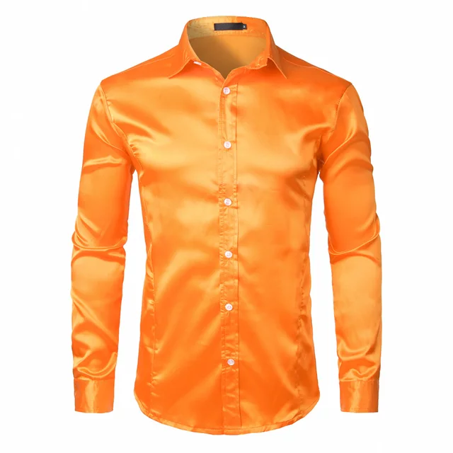 Men's Slim Fit Silk Satin Dress Shirts Wedding Groom Stage Prom Shirt Men Long Sleeve Button