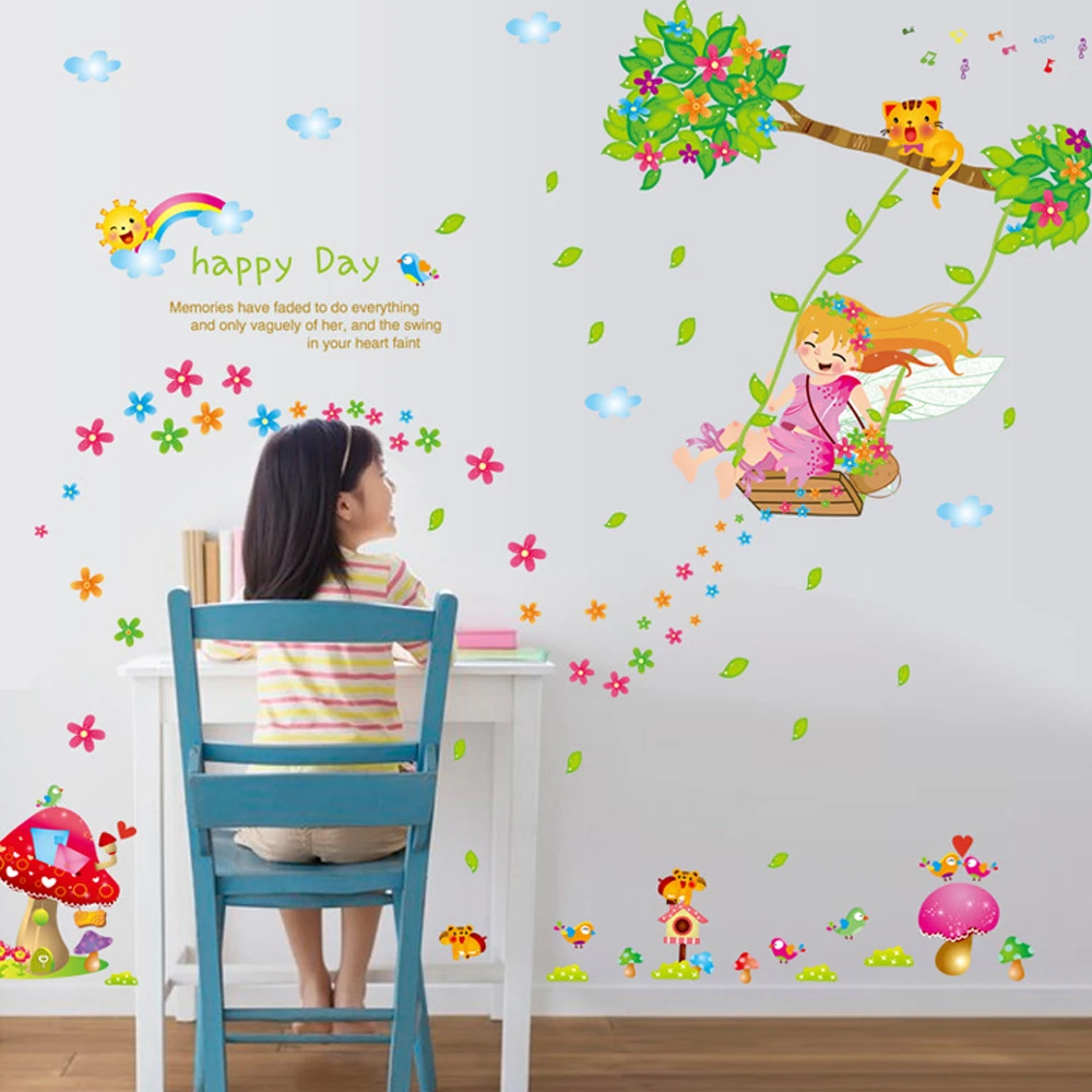 Cartoon Girl Swinging Flowers Wall Sticker Decal Home Paper Living Room Bedroom Kitchen kids Nursery Baby Decoration | Дом и сад
