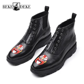 

New Gothic Embroidery Mens Winter Zip Ankle Boots Designer Work Genuine Leather High Top Platform Shoes Male Punk Boots