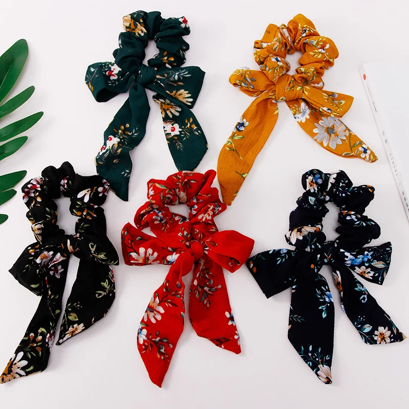 

New Women Elegant Print Flower Bow Knot Ribbon Elastic Hair Band Ponytail Holder Headband Hair Ornament Fashion Hair Accessories
