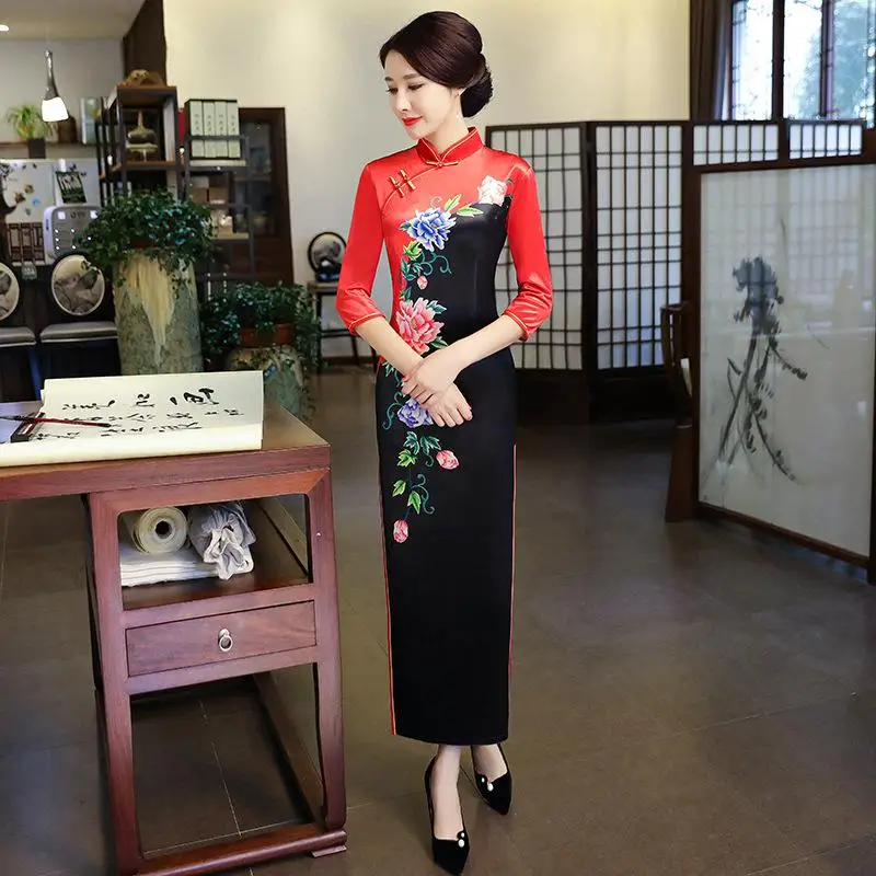 Мода г. длинное Ципао китайское стиль воротник стойка платье женские весенние велюровое платье Тонкий платья для вечеринок Vestido S 3XL - Цвет: QZ017