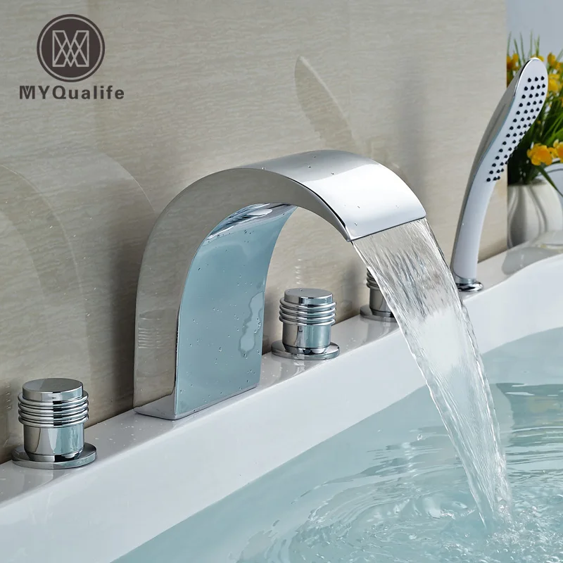 

5pcs Bathtub Mixer Tap Widespread Deck Mount Chrome Tub Faucet With Hand Shower Chrome Finish