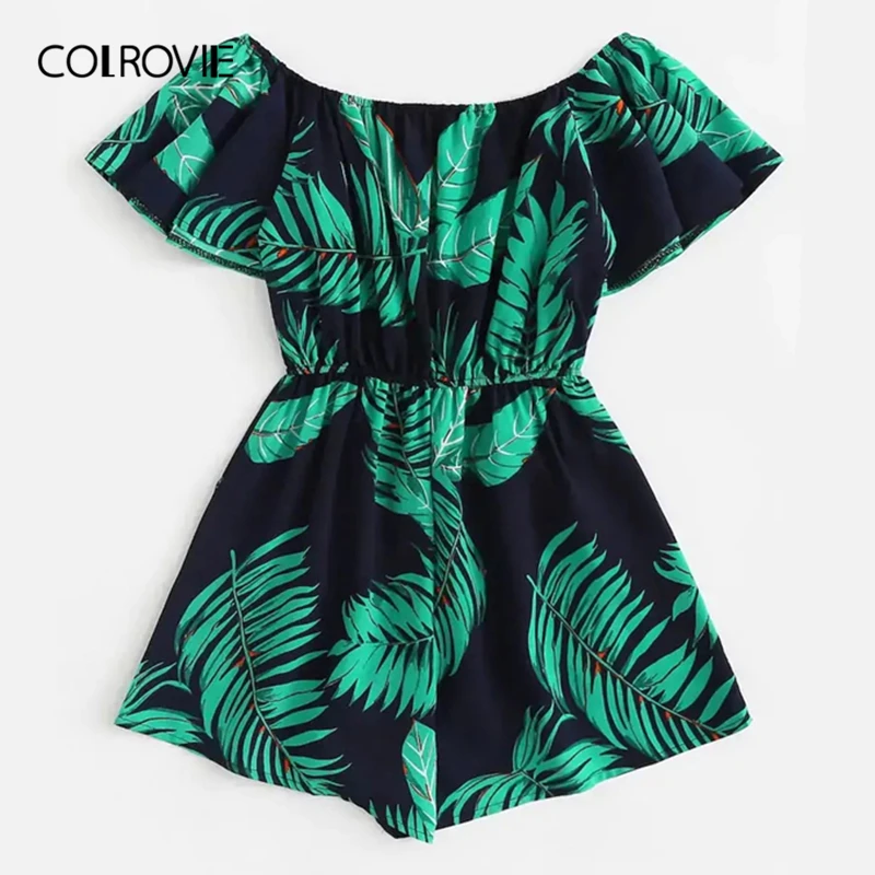 

COLROVIE Plus Size Off The Shoulder Tree Print Ruffle Boho Jumpsuit Rompers Women 2019 Summer Short Sleeve Vacation Playsuits
