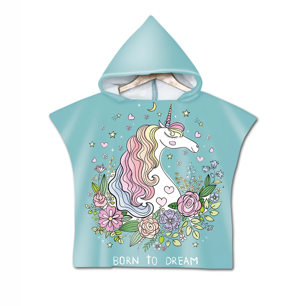 Free shipping Novelty Gift Cute Unicorn Rainbow Stars Hearts Print Microfiber Baby Kids Hooded Swim Bath Beach Towel Poncho Cape