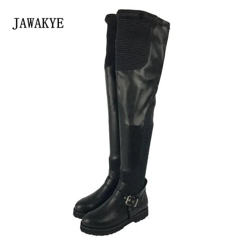 

2017 Stretch Leather Over The Knee Boots Woman Round Toe Mesh Buckle Patchwork Flat Long Boots