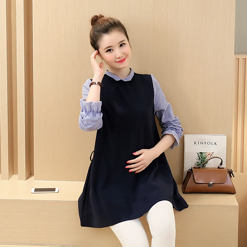 

1865# Ties Waist Slim Patchwork Maternity Shirt 2018 Autumn Korean Fashion Slim Blouse Clothes for Pregnant Women Pregnancy Tops