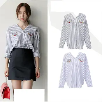 

2019 Suits] Blue and white vertical striped shirt embroidery shirt + Anti-light trousers A short skirt