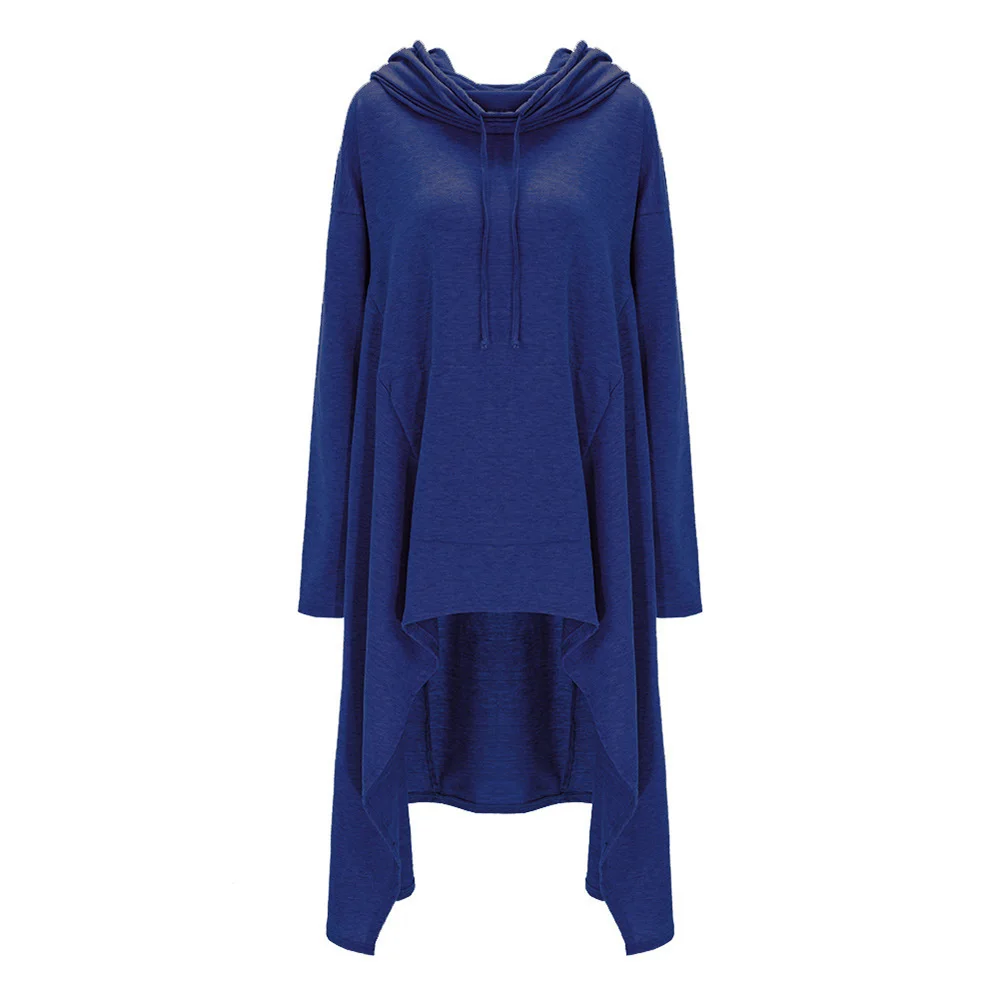  Women Autumn 2019 New Fashion Long Asymmetric Casual Hoodie Solid Multi Color Long Sleeve Drawstrin