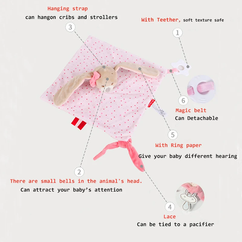 Детские погремушки, успокаивающее полотенце, детские куклы-кролики, комфортное полотенце с прорезывателем, прогулочная коляска, детские игрушки для 0-12 месяцев