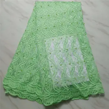 

Beautifical nigerian french lace fabric Green high quality lace polyester lace fabric with beads latest 5yards for wedding