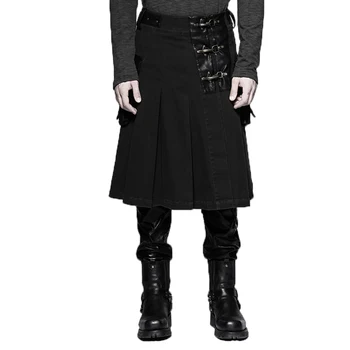 Punk PU Washed Men Half Skirt Leather Belt Black Casual Skirt with