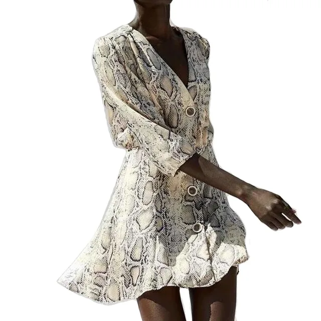 2018 Nouveauté Serpent Impression Femmes Robe Trois Manches Trimestre Sexy V Cou Club Robe Lady Mini Robe Bouton Partagé Vestid0