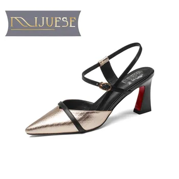 

MLJUESE 2018 women sandals Genuine leather buckle strap Gold color Gladiator pointed toe high heels pumps women size 33-43