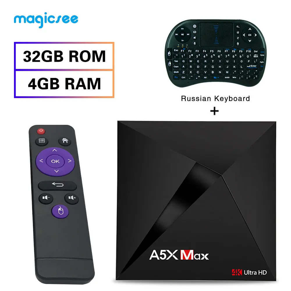 Magicsee A5X MAX Android 9,0 ТВ приставка RK3318 4 Гб ОЗУ+ 32 Гб ПЗУ 2,4G wifi BT4.0 поддержка 4K медиаплеер - Цвет: tv box with i8 RU