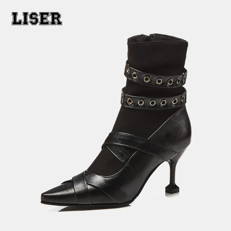 

2019 autumn women fashion ankle boots Gothic black leather chains cross tied pointed riding high heels short plush booties