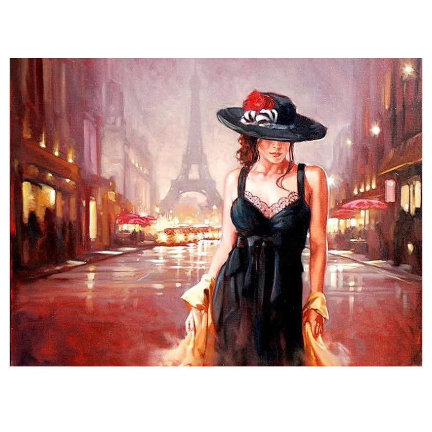 

RIHE Paris Girl Painting By Numbers Night Tower Oil Painting On Canvas Hand Painted Cuadros Decoracion Acrylic Paint Wall Art