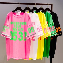 Для женщин Летняя футболка короткий рукав o-образным вырезом Письмо свободного кроя средней длины Длина Повседневное футболка