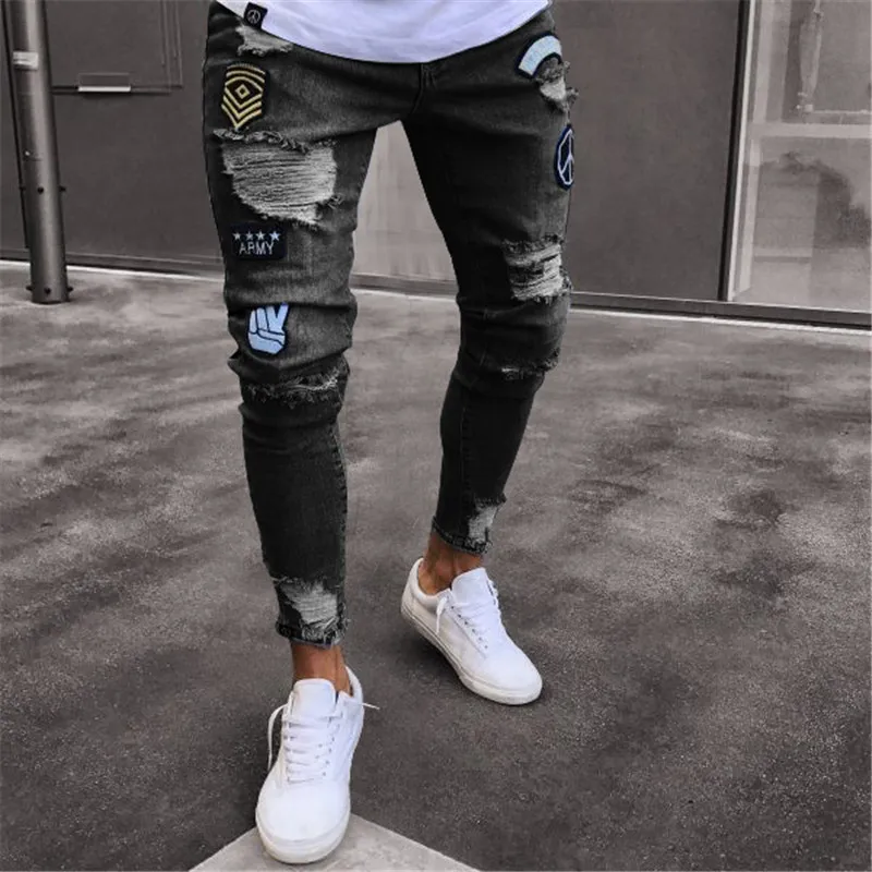 

2019 New Fashion Men's Pencil Pants Jeans Cool Man Vintage Washed Badge Patchwork Distressed Slim Denim Trousers Male Streetwear
