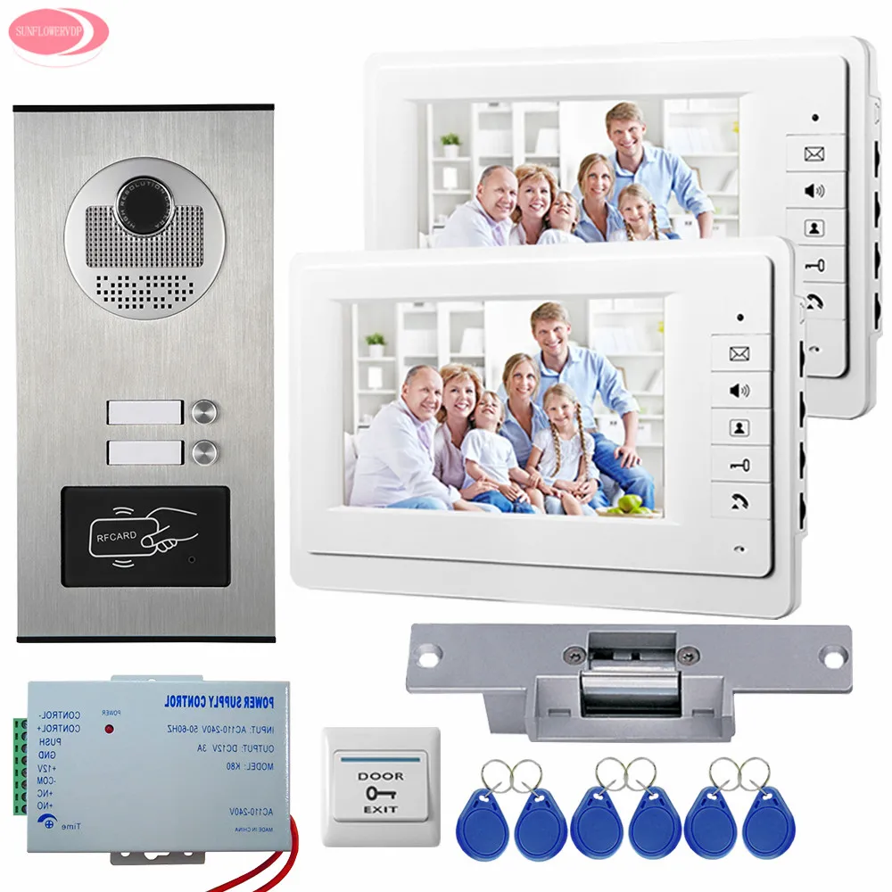 For 2 Apartment Video Door Phone Doorbell Intercom 2 Buttons Rfid IR Camera +Strike Electric Lock Doorphones For a Private House