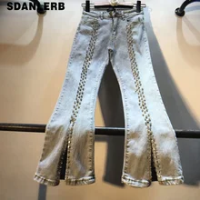 Европейский весенний Модный тяжелый Просверленный Алмазный бисер Высокая талия тонкий открытый промежность Nine-cent Джинсы Расклешенные джинсовые брюки