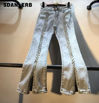 

European 2019 Spring Fashion New Heavy Drilled Beaded Diamond High Waist Slim Open Crotch Nine-cent Jeans Flare Denim Trousers