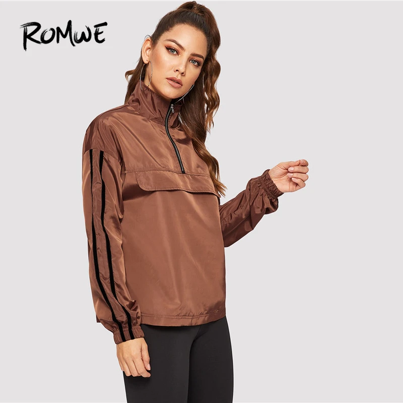 Most effective  ROMWE Striped Sleeve Half Placket Windbreaker Jacket 2019 Women Spring Autumn High Neck Coat Brown 
