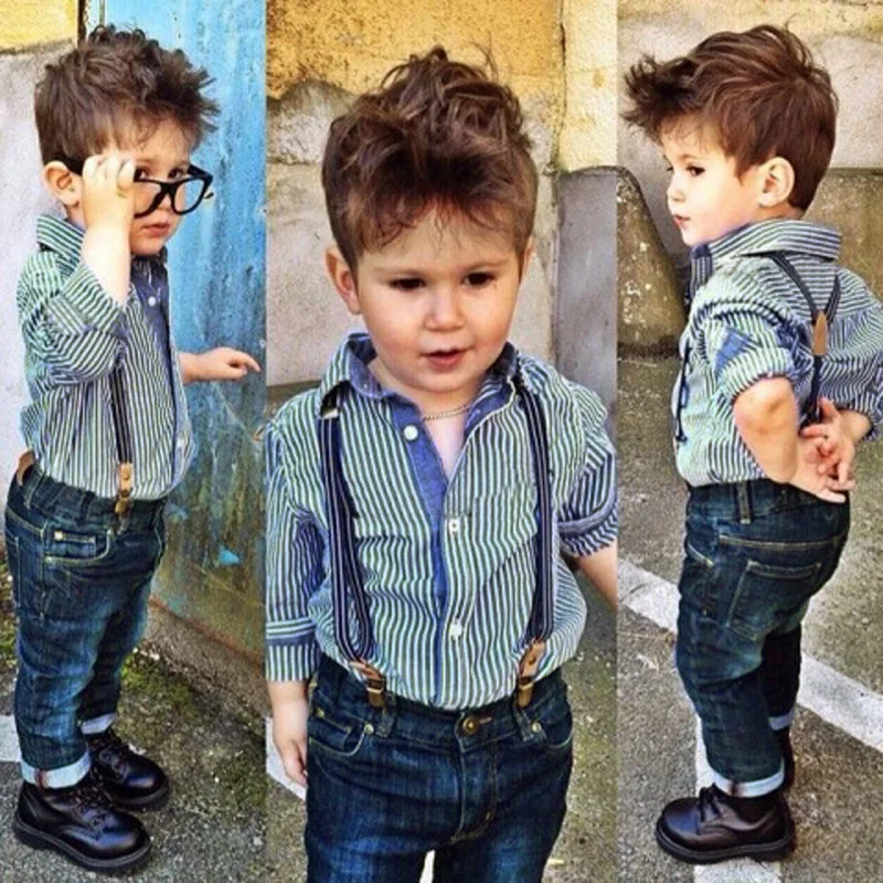 2018 New Formal Autumn Suit Sets Stripe Long Sleeve Blouse Camisa Jeans Full Pants Kids Clothes Children Clothing 3 Pcs Boys |