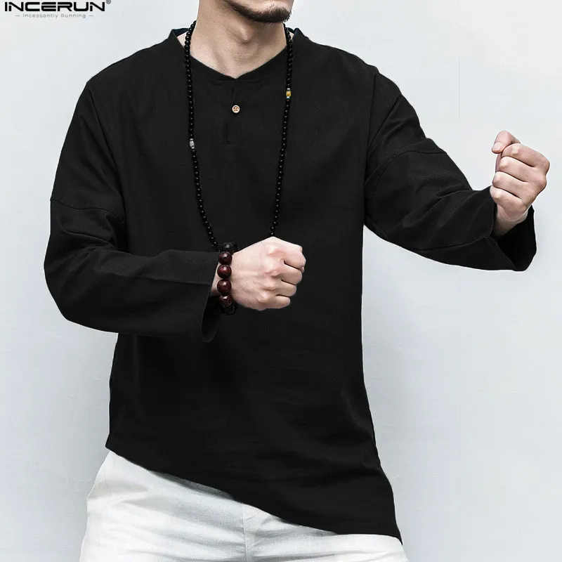 INCERUN جديد 2019 زائد حجم الرجال قمصان طويلة الأكمام الصلبة غير النظامية الصينية نمط قميص الرجال القطن الكتان خمر عارضة قميص INCERUN جديد 2019 زائد حجم الرجال قمصان طويلة الأكمام الصلبة غير النظامية الصينية نمط قميص الرجال القطن الكتان خمر عارضة قميص
