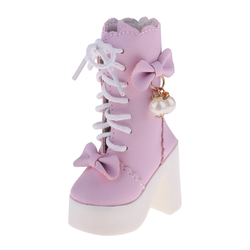 Handmade PU Leather Shoes Lace-up High Heeled Shoes for 1/3 BJD Dolls for 60cm Night Lolita Dolls (Pink)