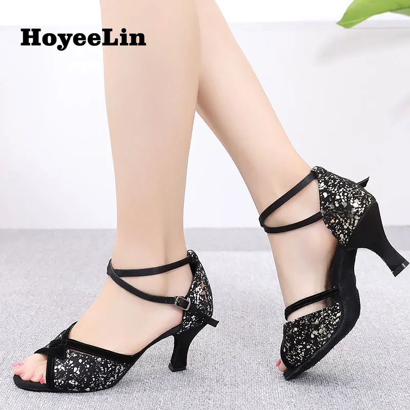 

HoYeeLin Glitter Latin Dance Heels Women Ladies Open Toe Ballroom Party Dance Shoes Salsa Rumba Dancing Practice Heels