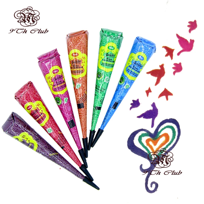 

6pcs Colored GOLECHA Henna Tattoo Paste Cream Cones, Indian Mehndi 6 Color Red Blue Henna Tattoo Paste For Body Paint 25g