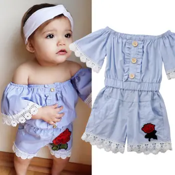 

US STOCK Lace Toddler Girls Bib Romper Clothes 3D Floral Print Off Shoulder Button Jumpsuit Outfits Short Sleeve Blue Romper