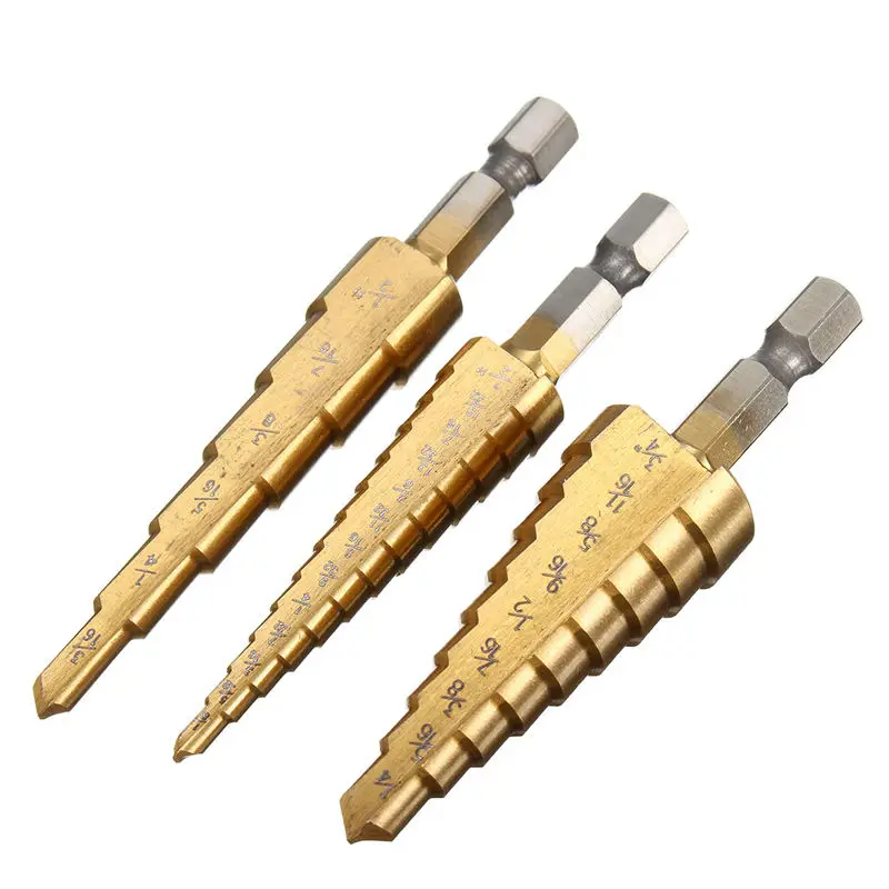 

Top Quality 3Pcs/Set Column Large HSS Steel Step Cone Drill Titanium Bit Hole Cutter Punch Step