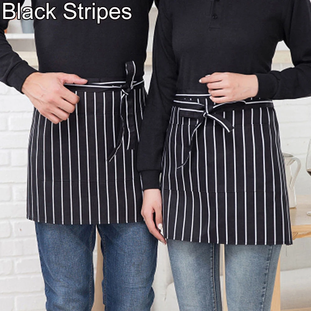 

Brief Black and White Striped Half-Length Short Waist Apron Sleeveless with Pocket Catering Chef Waiter Bar