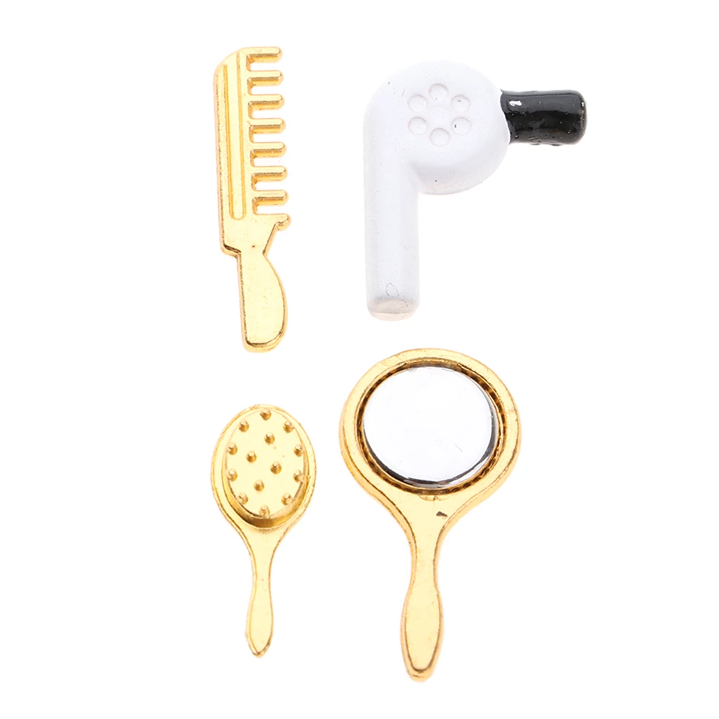 4 pcs Bathroom Accessory Comb Hair Dryer Mirror Model for 1/12 Dollhouse Miniature Practical Set Model Kids Pretend Play Toys