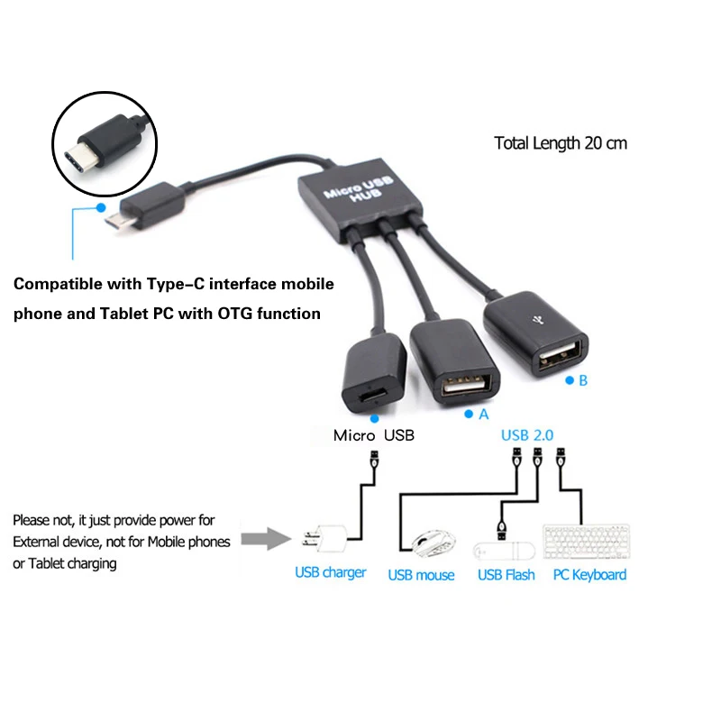 

OTG Hub Adapter 3in1 Type-C USB C Host Cable Male to Female Dual Host OTG Type-C 3.1 Hub Adapter Cable Compatible phone/Tablet