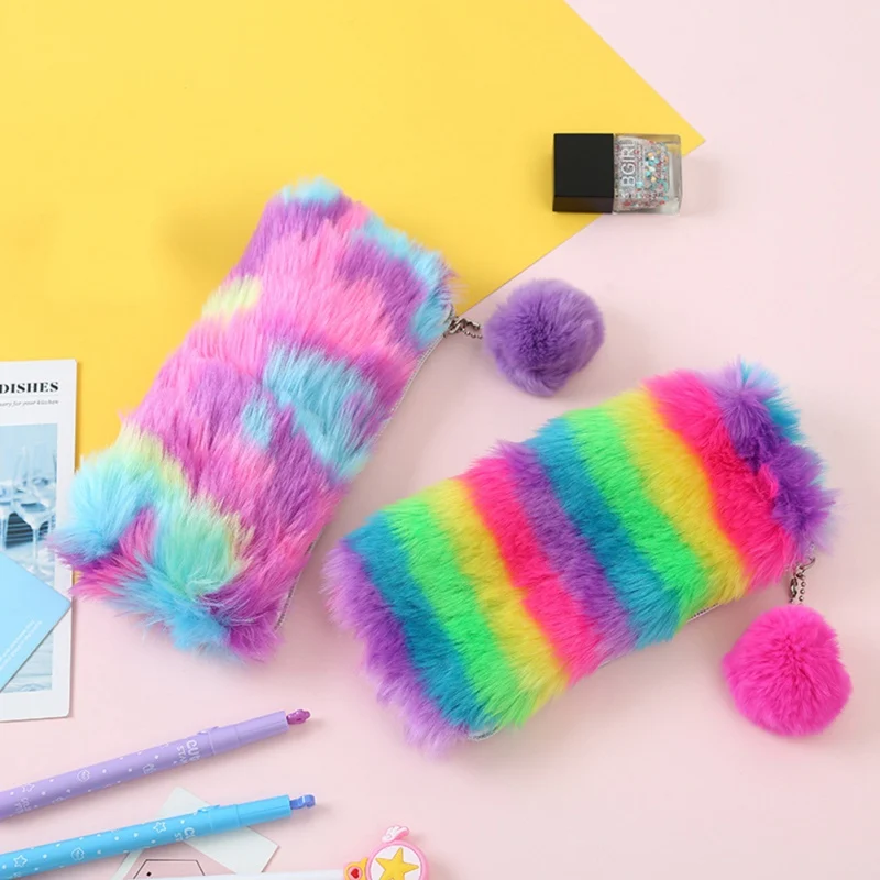 

Multi-Color Rainbow Pencil Case Cute Women Girls School Supplies Faux Rabbit Fur Ball Makeup Storage Pompom Cosmetic Bag
