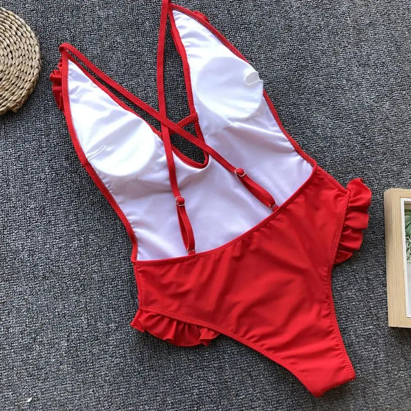 

Bikini Plunging V-Neck Solid Color Monokini Keyhole Hollow Ruffles Patchwork Swimsuit High Cut Cross Bandage Backless Beachwear