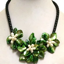 16 17 inches Natural Leather Cord Three Green Shell Flower Bride Jewelry Women Handmade White Pearl