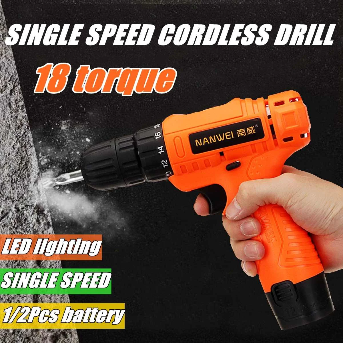 

12V 18 Torque Electric Cordless Drill LED Lighting Rechargable 1/2 Li-Ion Battery Single Speed Power Drills