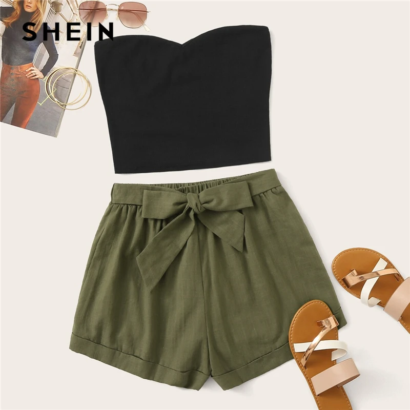 SHEIN Solid Tube Top And Belted Shorts Set 2019 Casual Summer Strapless Sleeveless Bandeau Straight Women Two Piece Set SHEIN Solid Tube Top And Belted Shorts Set 2019 Casual Summer Strapless Sleeveless Bandeau Straight Women Two Piece Set