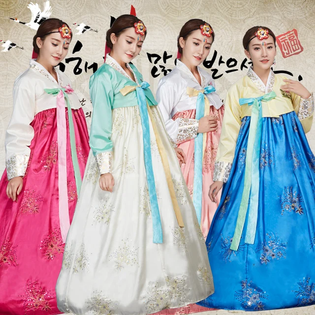 blue Embroidery korean traditional dress pink women cotton hanbok ...