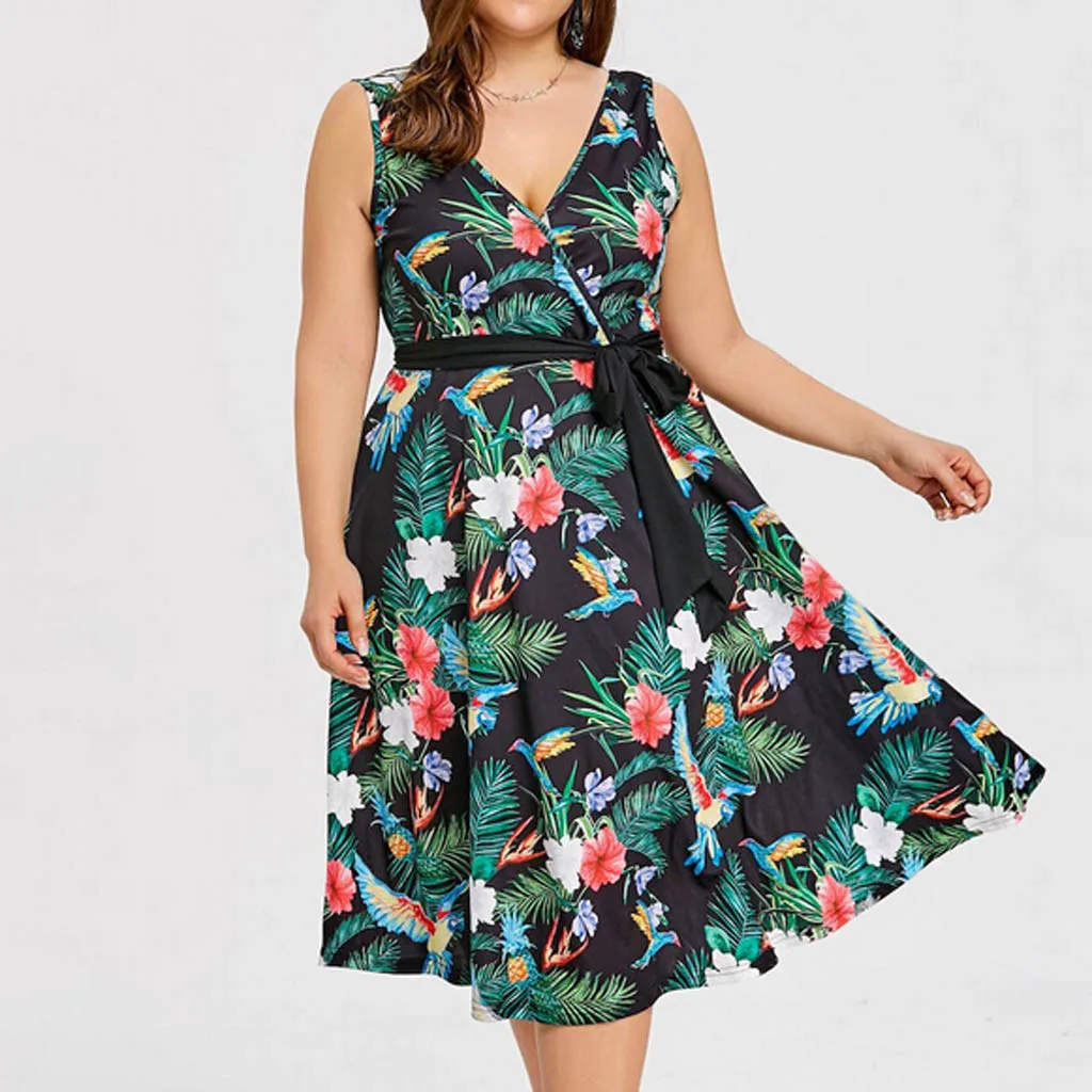 

Fashion Women Ladies Casual Loose Dress Knee-Length Dress Plus Size Floral Print Sleeveless V-Neck Belt Lace up Bohemian Dress