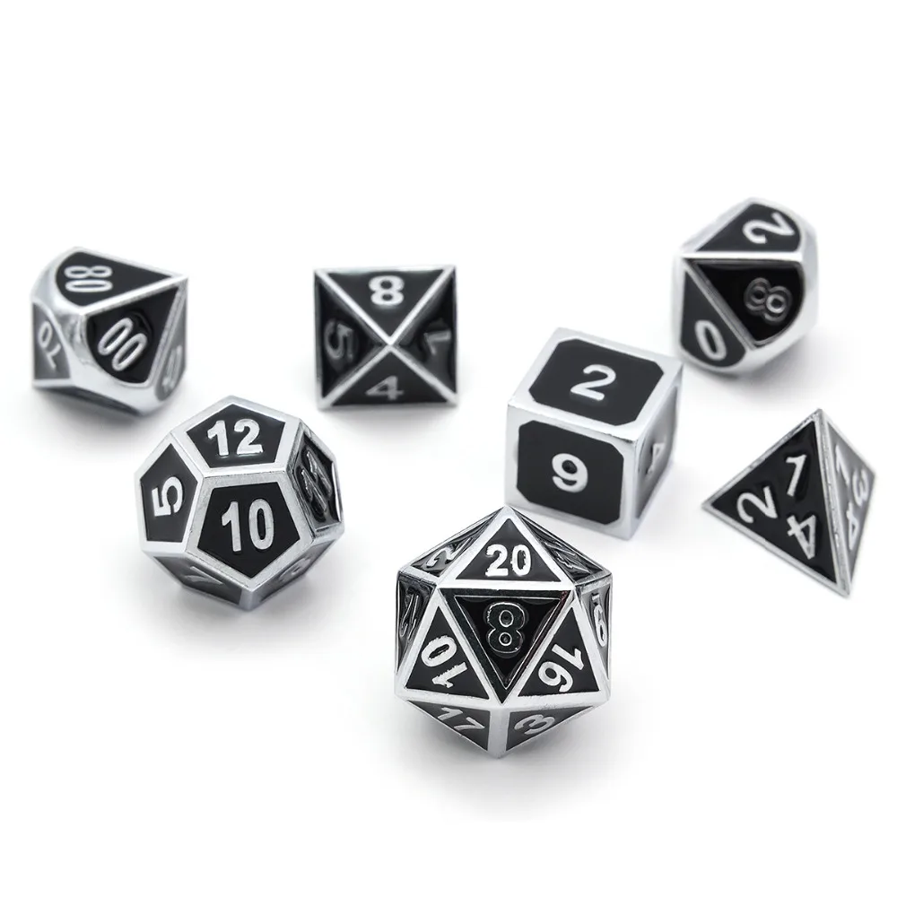 Kopen Set van Massief Metal Dice Shiny Sliver met Zwart Emaille DnD Dobbelstenen Set Polyhedrale Dobbelstenen Set  RPG Dobbelstenen Set voor RPG Games