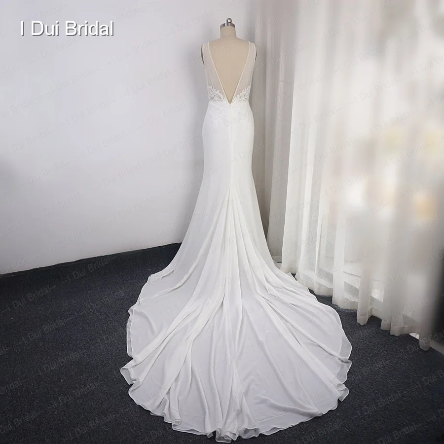 US $215.00 Deep V Neckline Wedding Dress Sheath Chiffon Lace Elegant Bridal Gown