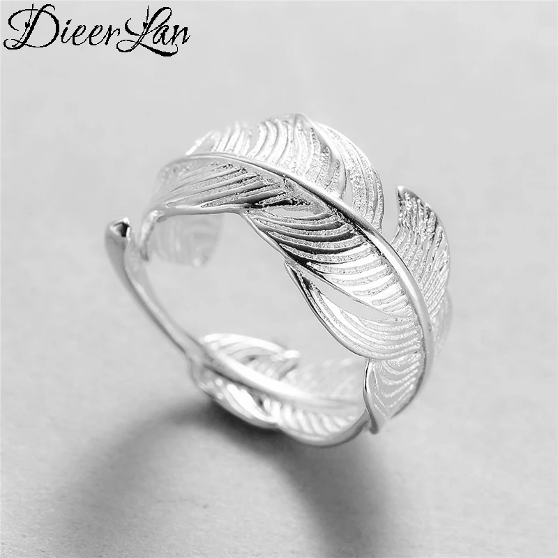 

DIEERLAN Bohemian Simple 925 Sterling Silver Big Feather Rings for Women Ladies Statement Jewelry Wedding Open Finger Rings
