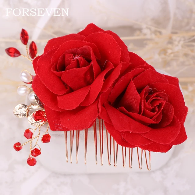Red Wedding Hair Accessories | Bridal Hair Comb Red Rose | Red Wedding Hair  Jewelry - Hair Jewelry - Aliexpress