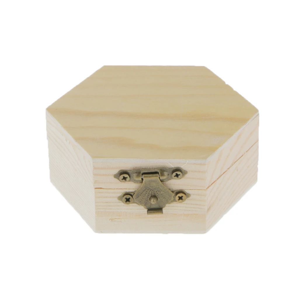 Vintage Unpainted Plain Hexagonal Rectangular Wooden Cabinet Jewelry Gift Box Trinket Chest Storage Case