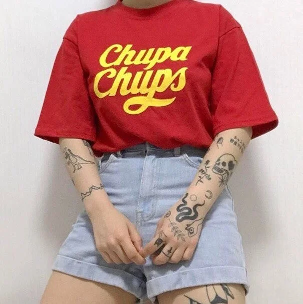

kuakuayu HJN Chupa Chups Women Girl Tumblr Fashion Cute Street Style Graphic Tee Hipsters Casual Loose Red T-Shirt