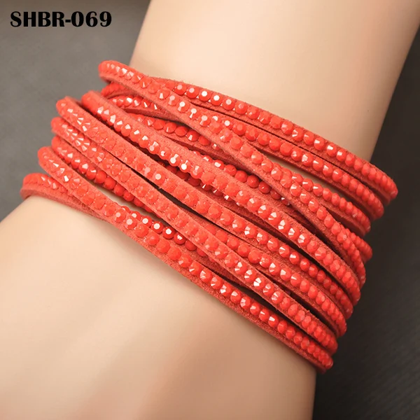 AENINE Модный Цветной кожаный браслет-талисман, украшения со стразами и кристаллами, многослойные браслеты для женщин, подарки WRBR-002 - Окраска металла: Red